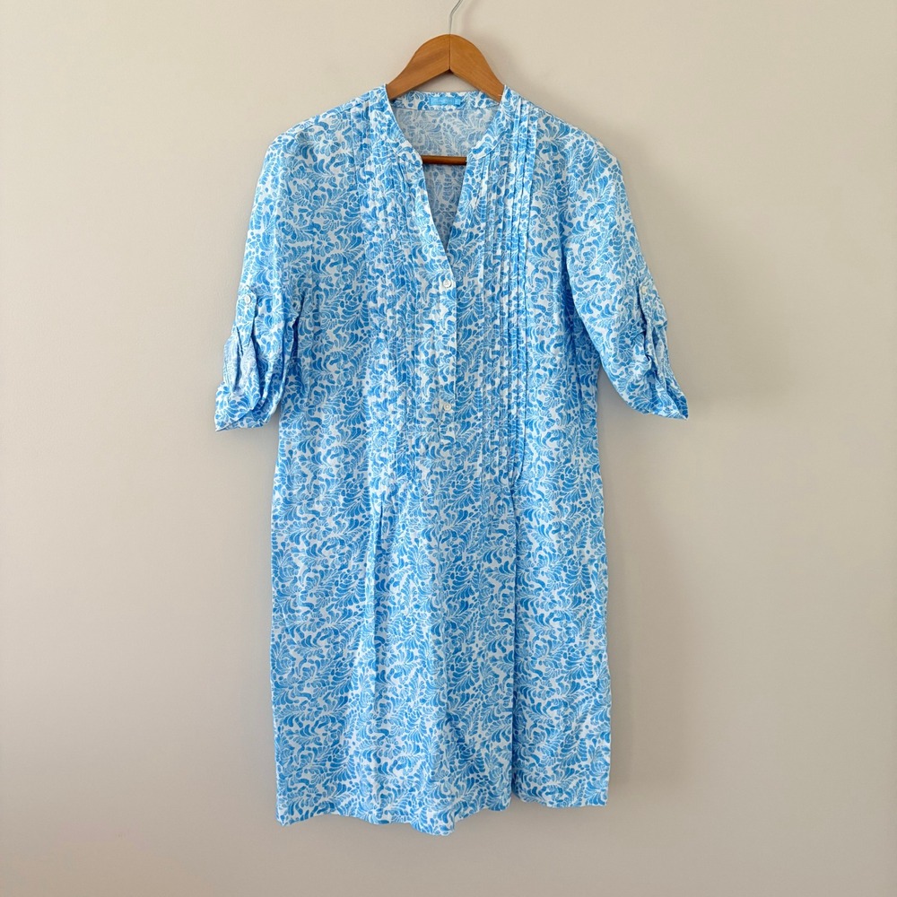 J.McLaughlin Dress Riviera Linen Medium Blue White Scroll Pintuck Popover